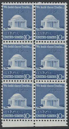 USA Michel 1127 / Scott 1510 postfrisch vert.BLOCK(6) RÄNDER unten - Jefferson-Denkmal, Washington, DC