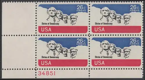 USA Michel 1128 / Scott C088 postfrisch Luftpost-PLATEBLOCK ECKRAND unten links m/ Platten-# 34851 - Mt. Rushmore National Memorial, bei Rapid City, SD