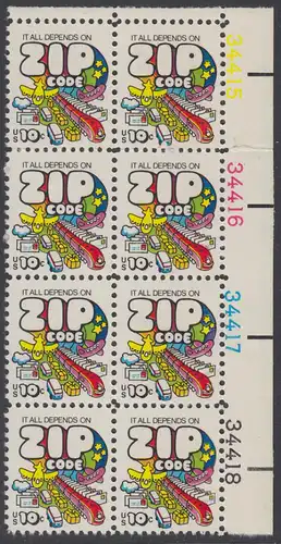 USA Michel 1129 / Scott 1511 postfrisch vert.PLATEBLOCK(8) ECKRAND oben rechts m/ Platten-# 34415 (a) - Posttransport