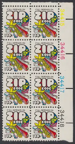 USA Michel 1129 / Scott 1511 postfrisch vert.PLATEBLOCK(8) ECKRAND oben rechts m/ Platten-# 34415 (b) - Posttransport