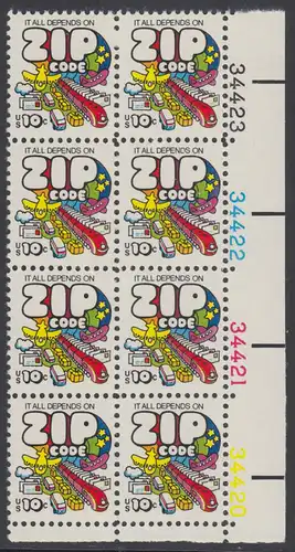 USA Michel 1129 / Scott 1511 postfrisch vert.PLATEBLOCK(8) ECKRAND unten rechts m/ Platten-# 34420 - Posttransport