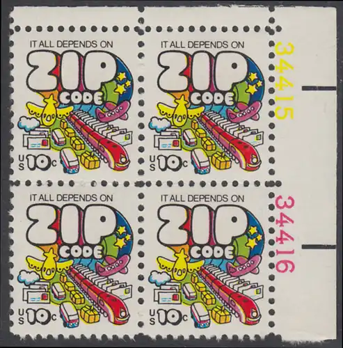 USA Michel 1129 / Scott 1511 postfrisch BLOCK ECKRAND oben rechts m/ Platten-# 34415 - Posttransport
