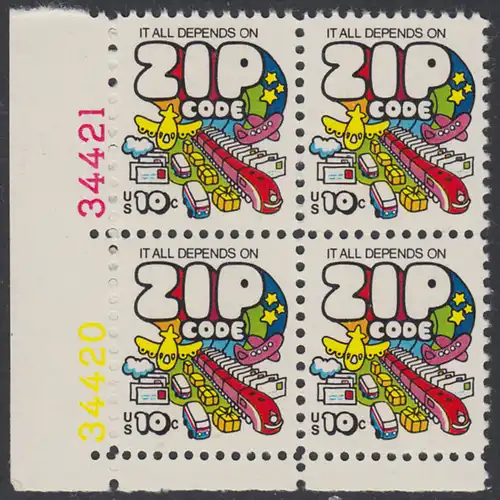 USA Michel 1129 / Scott 1511 postfrisch BLOCK ECKRAND unten links m/ Platten-# 34420 - Posttransport