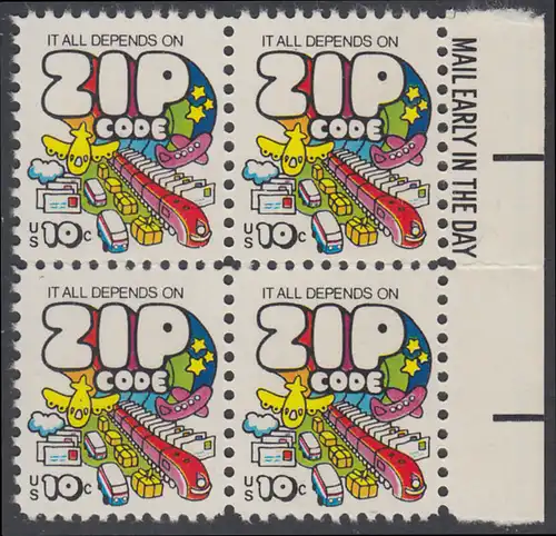 USA Michel 1129 / Scott 1511 postfrisch BLOCK RÄNDER rechts m/ Mail Early-Vermerk - Posttransport