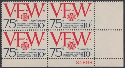USA Michel 1132 / Scott 1525 postfrisch PLATEBLOCK ECKRAND unten rechts m/ Platten-# 34898 - 75 Jahre Veteranen-Vereinigung; Emblem und Initialen