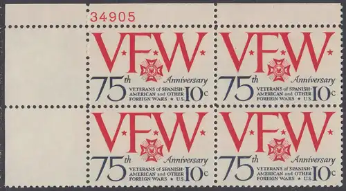 USA Michel 1132 / Scott 1525 postfrisch PLATEBLOCK ECKRAND oben links m/ Platten-# 34905 - 75 Jahre Veteranen-Vereinigung; Emblem und Initialen