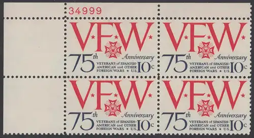 USA Michel 1132 / Scott 1525 postfrisch PLATEBLOCK ECKRAND oben links m/ Platten-# 34999 (b) - 75 Jahre Veteranen-Vereinigung; Emblem und Initialen