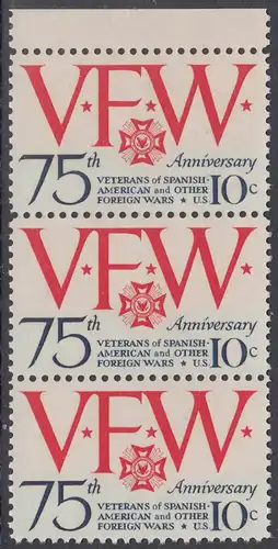 USA Michel 1132 / Scott 1525 postfrisch vert.STRIP(3) RAND oben - 75 Jahre Veteranen-Vereinigung; Emblem und Initialen