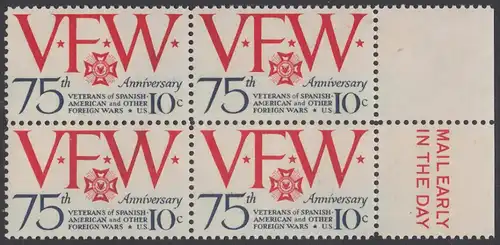 USA Michel 1132 / Scott 1525 postfrisch BLOCK RÄNDER rechts m/ Mail Early-Vermerk - 75 Jahre Veteranen-Vereinigung; Emblem und Initialen