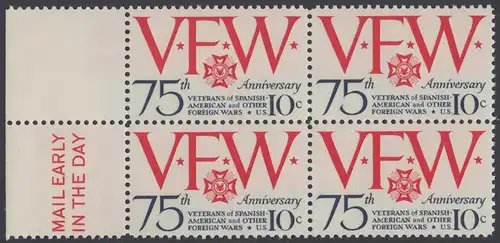 USA Michel 1132 / Scott 1525 postfrisch BLOCK RÄNDER links m/ Mail Early-Vermerk - 75 Jahre Veteranen-Vereinigung; Emblem und Initialen