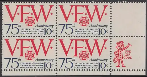 USA Michel 1132 / Scott 1525 postfrisch ZIP-BLOCK (lr) - 75 Jahre Veteranen-Vereinigung; Emblem und Initialen