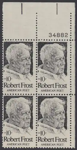 USA Michel 1133 / Scott 1526 postfrisch PLATEBLOCK ECKRAND oben rechts m/ Platten-# 34882 - Robert Lee Frost (1874-1963), Lyriker 