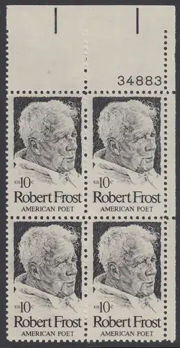 USA Michel 1133 / Scott 1526 postfrisch PLATEBLOCK ECKRAND oben rechts m/ Platten-# 34883 - Robert Lee Frost (1874-1963), Lyriker 