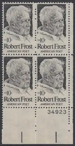 USA Michel 1133 / Scott 1526 postfrisch PLATEBLOCK ECKRAND unten rechts m/ Platten-# 34923 - Robert Lee Frost (1874-1963), Lyriker 