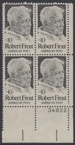 USA Michel 1133 / Scott 1526 postfrisch PLATEBLOCK ECKRAND unten rechts m/ Platten-# 34922 - Robert Lee Frost (1874-1963), Lyriker 