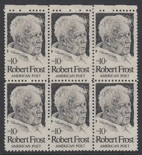 USA Michel 1133 / Scott 1526 postfrisch horiz.BLOCK(6) RÄNDER oben - Robert Lee Frost (1874-1963), Lyriker 