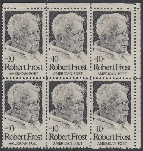 USA Michel 1133 / Scott 1526 postfrisch horiz.BLOCK(6) ECKRAND oben rechts - Robert Lee Frost (1874-1963), Lyriker 