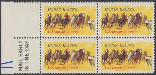 USA Michel 1135 / Scott 1528 postfrisch BLOCK RÄNDER links m/ Mail Early-Vermerk - Pferderennen „Kentucky Derby“; Derby-Reiter 
