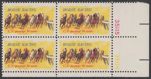 USA Michel 1135 / Scott 1528 postfrisch BLOCK ECKRAND unten rechts m/ Platten-# 35114 - Pferderennen „Kentucky Derby“; Derby-Reiter 