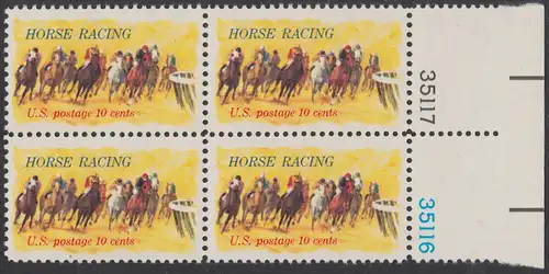USA Michel 1135 / Scott 1528 postfrisch BLOCK RÄNDER rechts m/ Platten-# 35116 - Pferderennen „Kentucky Derby“; Derby-Reiter 