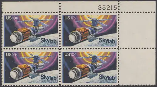 USA Michel 1136 / Scott 1529 postfrisch PLATEBLOCK ECKRAND oben rechts m/ Platten-# 35215 - Raumfahrtunternehmen Skylab