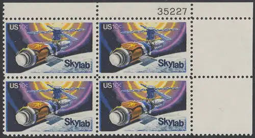 USA Michel 1136 / Scott 1529 postfrisch PLATEBLOCK ECKRAND oben rechts m/ Platten-# 35227 - Raumfahrtunternehmen Skylab