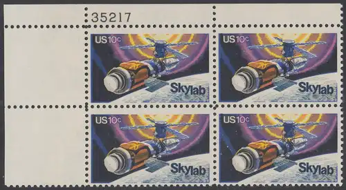 USA Michel 1136 / Scott 1529 postfrisch PLATEBLOCK ECKRAND oben links m/ Platten-# 35217 - Raumfahrtunternehmen Skylab