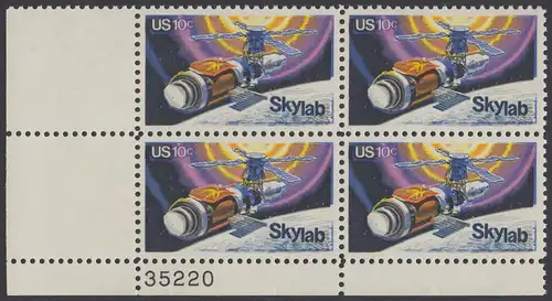 USA Michel 1136 / Scott 1529 postfrisch PLATEBLOCK ECKRAND unten links m/ Platten-# 35220 - Raumfahrtunternehmen Skylab