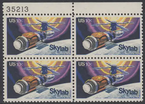 USA Michel 1136 / Scott 1529 postfrisch BLOCK RÄNDER oben m/ Platten-# 35213 - Raumfahrtunternehmen Skylab