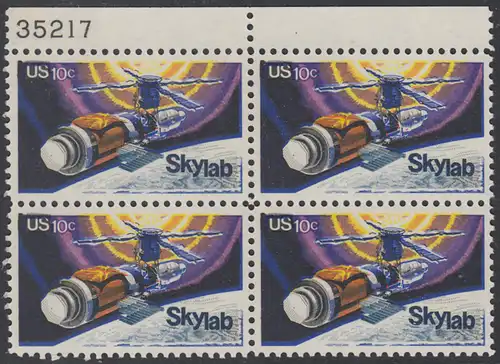 USA Michel 1136 / Scott 1529 postfrisch BLOCK RÄNDER oben m/ Platten-# 35217 - Raumfahrtunternehmen Skylab