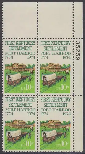 USA Michel 1149 / Scott 1542 postfrisch PLATEBLOCK ECKRAND oben rechts m/ Platten-# 35259 - Besiedelung von Kentucky; Planwagen vor Fort Harrod 