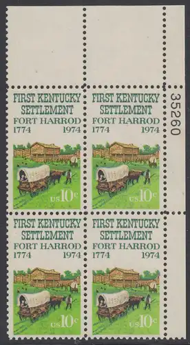 USA Michel 1149 / Scott 1542 postfrisch PLATEBLOCK ECKRAND oben rechts m/ Platten-# 35260 (a) - Besiedelung von Kentucky; Planwagen vor Fort Harrod 