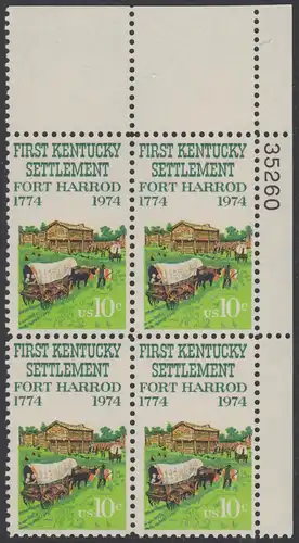 USA Michel 1149 / Scott 1542 postfrisch PLATEBLOCK ECKRAND oben rechts m/ Platten-# 35260 (b) - Besiedelung von Kentucky; Planwagen vor Fort Harrod 