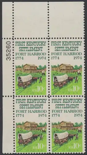 USA Michel 1149 / Scott 1542 postfrisch PLATEBLOCK ECKRAND oben links m/ Platten-# 35260 - Besiedelung von Kentucky; Planwagen vor Fort Harrod 