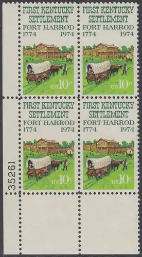 USA Michel 1149 / Scott 1542 postfrisch PLATEBLOCK ECKRAND unten links m/ Platten-# 35261 - Besiedelung von Kentucky; Planwagen vor Fort Harrod 