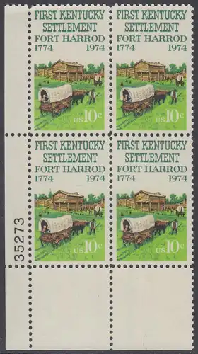 USA Michel 1149 / Scott 1542 postfrisch PLATEBLOCK ECKRAND unten links m/ Platten-# 35273 - Besiedelung von Kentucky; Planwagen vor Fort Harrod 