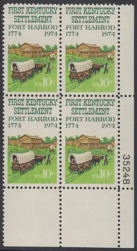 USA Michel 1149 / Scott 1542 postfrisch PLATEBLOCK ECKRAND unten rechts m/ Platten-# 35248 - Besiedelung von Kentucky; Planwagen vor Fort Harrod 
