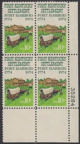 USA Michel 1149 / Scott 1542 postfrisch PLATEBLOCK ECKRAND unten rechts m/ Platten-# 35284 - Besiedelung von Kentucky; Planwagen vor Fort Harrod 