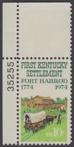 USA Michel 1149 / Scott 1542 postfrisch EINZELMARKE ECKRAND oben links m/ Platten-# 35255 - Besiedelung von Kentucky; Planwagen vor Fort Harrod 