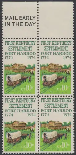 USA Michel 1149 / Scott 1542 postfrisch BLOCK RÄNDER oben m/ Mail Early-Vermerk - Besiedelung von Kentucky; Planwagen vor Fort Harrod 