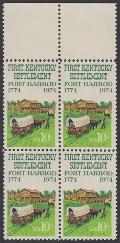 USA Michel 1149 / Scott 1542 postfrisch BLOCK RÄNDER oben - Besiedelung von Kentucky; Planwagen vor Fort Harrod 