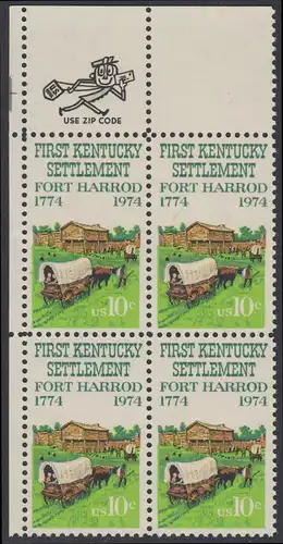 USA Michel 1149 / Scott 1542 postfrisch ZIP-BLOCK (ul) - Besiedelung von Kentucky; Planwagen vor Fort Harrod 