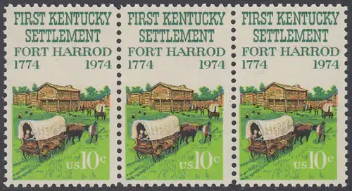 USA Michel 1149 / Scott 1542 postfrisch horiz.STRIP(3) - Besiedelung von Kentucky; Planwagen vor Fort Harrod 