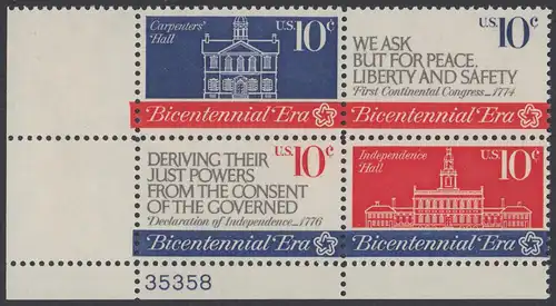 USA Michel 1150-1152 / Scott 1543-1546 postfrisch PLATEBLOCK ECKRAND unten links m/ Platten-# 35358 - 200 Jahre Unabhängigkeit der Vereinigten Staaten von Amerika (1976): Erster Kontinentalkongress