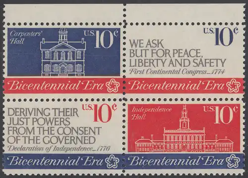 USA Michel 1150-1152 / Scott 1543-1546 postfrisch BLOCK RÄNDER oben - 200 Jahre Unabhängigkeit der Vereinigten Staaten von Amerika (1976): Erster Kontinentalkongress