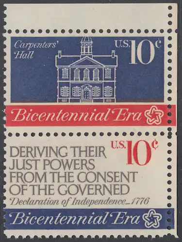 USA Michel 1151+1153 / Scott 1543+1545 postfrisch vert.PAAR ECKRAND oben rechts - 200 Jahre Unabhängigkeit der Vereinigten Staaten von Amerika (1976): Erster Kontinentalkongress