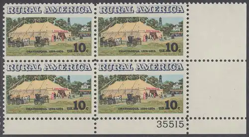 USA Michel 1154 / Scott 1505 postfrisch PLATEBLOCK ECKRAND unten rechts m/ Platten-# 35515 - Ländliches Amerika: Versammlungszelt der Chautauqua-Organisation (religiöse Ferienschule)