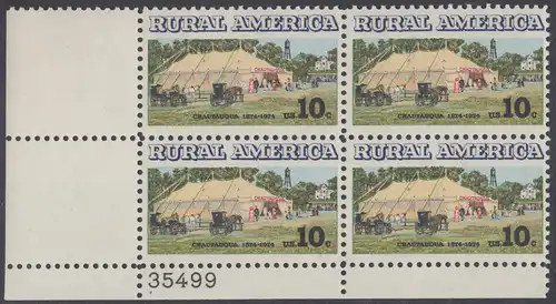 USA Michel 1154 / Scott 1505 postfrisch PLATEBLOCK ECKRAND unten links m/ Platten-# 35499 (b) - Ländliches Amerika: Versammlungszelt der Chautauqua-Organisation (religiöse Ferienschule)