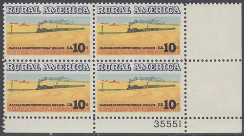 USA Michel 1155 / Scott 1506 postfrisch PLATEBLOCK ECKRAND unten rechts m/ Platten-# 35551 - Ländliches Amerika: Zug zwischen Weizenfeldern 