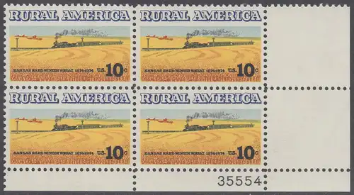 USA Michel 1155 / Scott 1506 postfrisch PLATEBLOCK ECKRAND unten rechts m/ Platten-# 35554 - Ländliches Amerika: Zug zwischen Weizenfeldern 